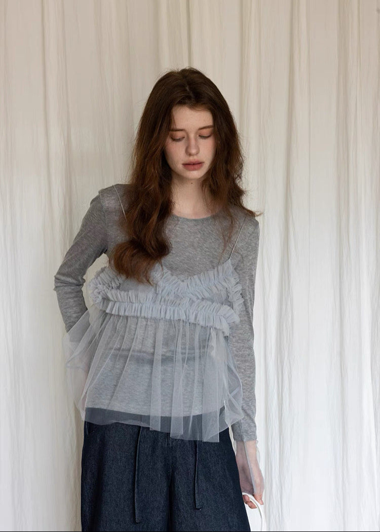 Layered Tulle Cami-Style Long Sleeve Top