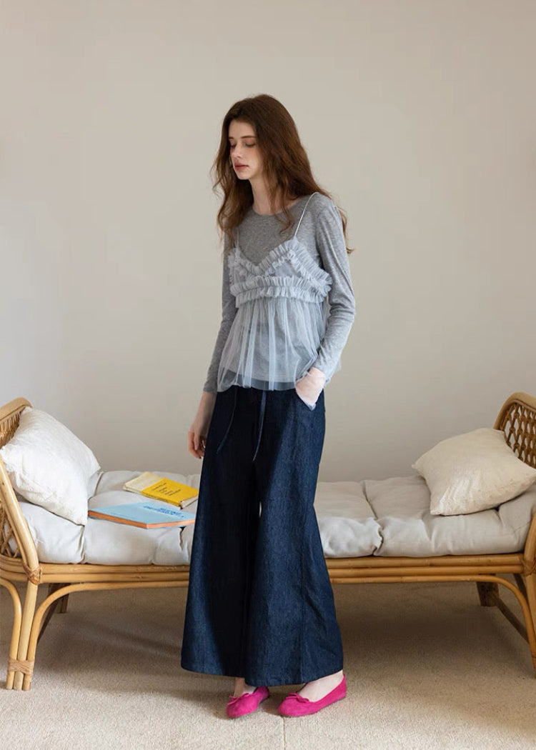 Layered Tulle Cami-Style Long Sleeve Top