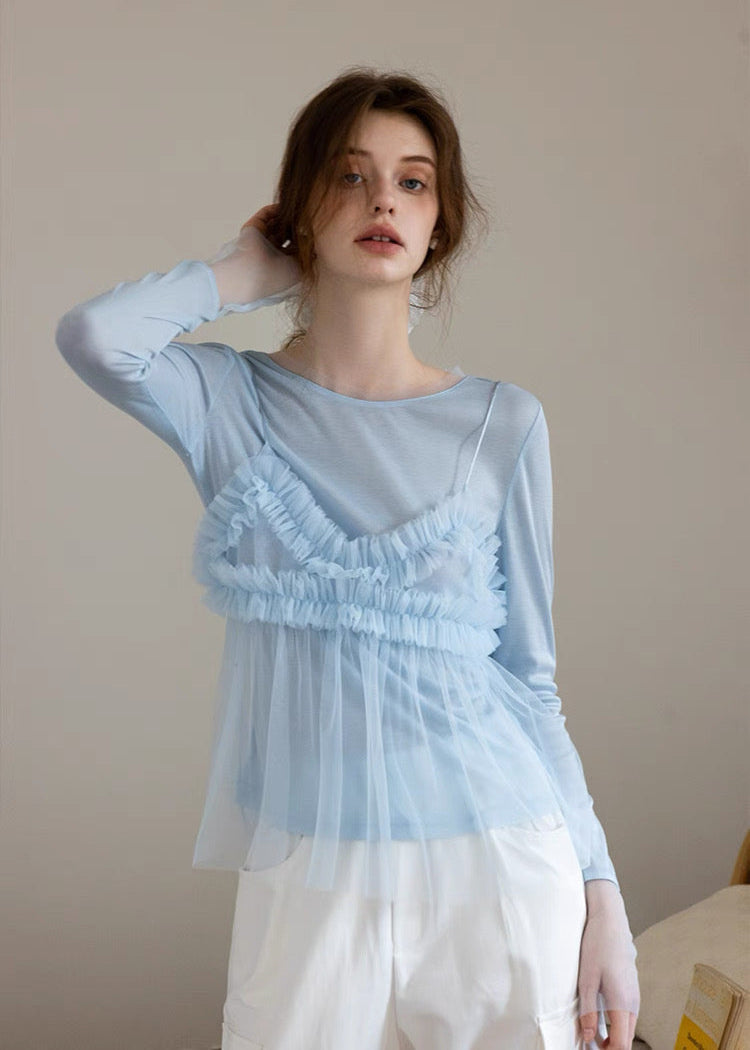 Layered Tulle Cami-Style Long Sleeve Top