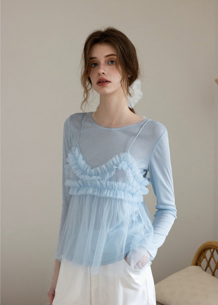 Layered Tulle Cami-Style Long Sleeve Top