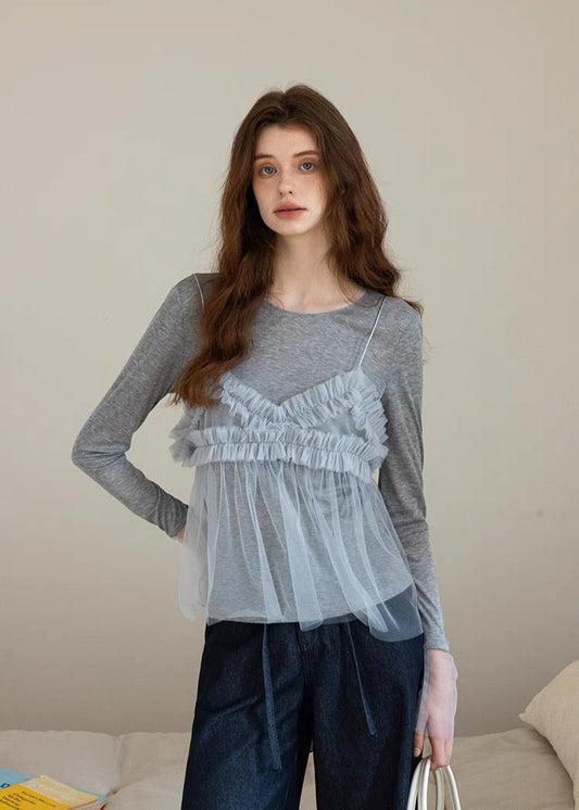 Layered Tulle Cami-Style Long Sleeve Top