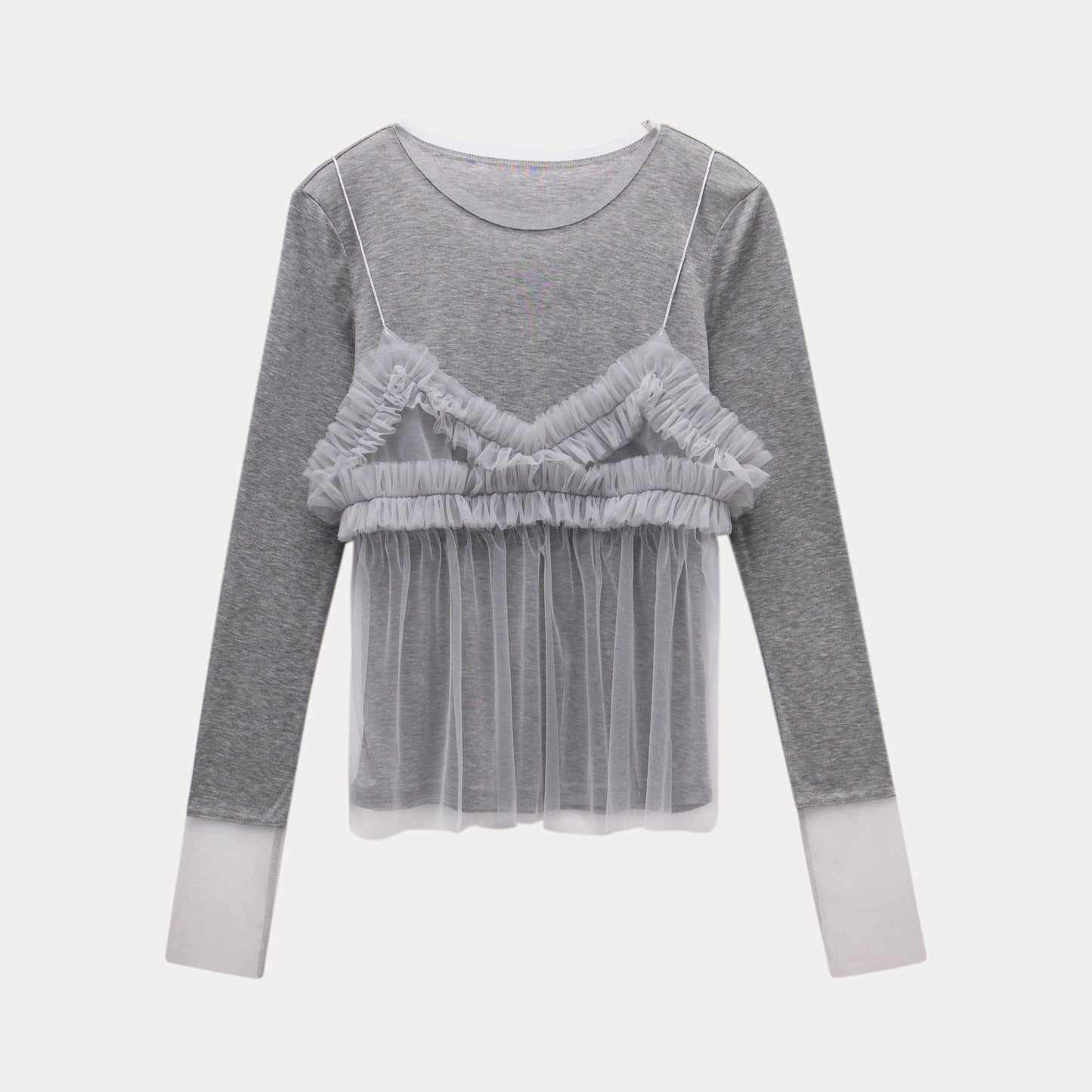 Layered Tulle Cami-Style Long Sleeve Top