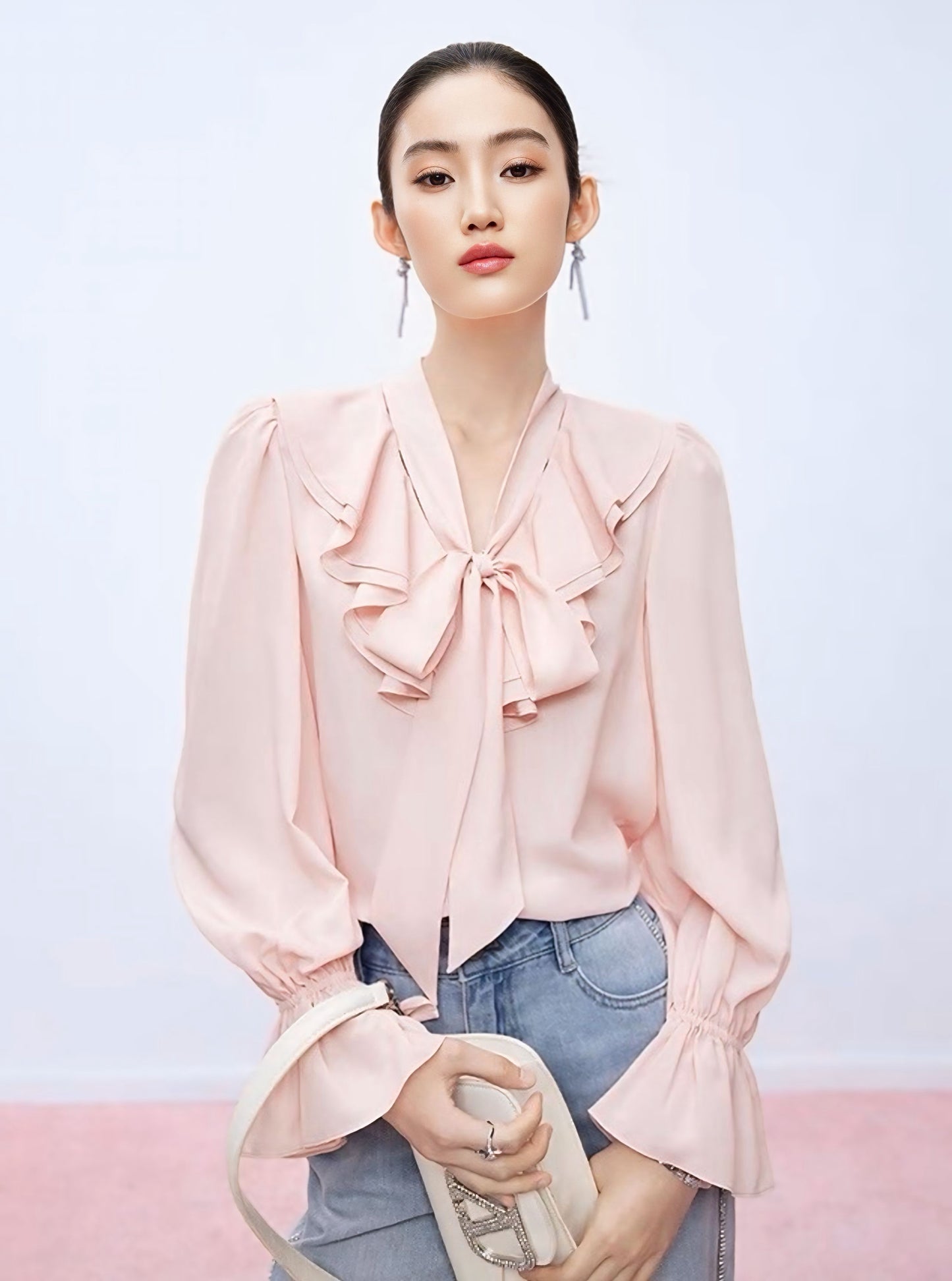 Polka Dot Blouse with Ruffle Bow Detail