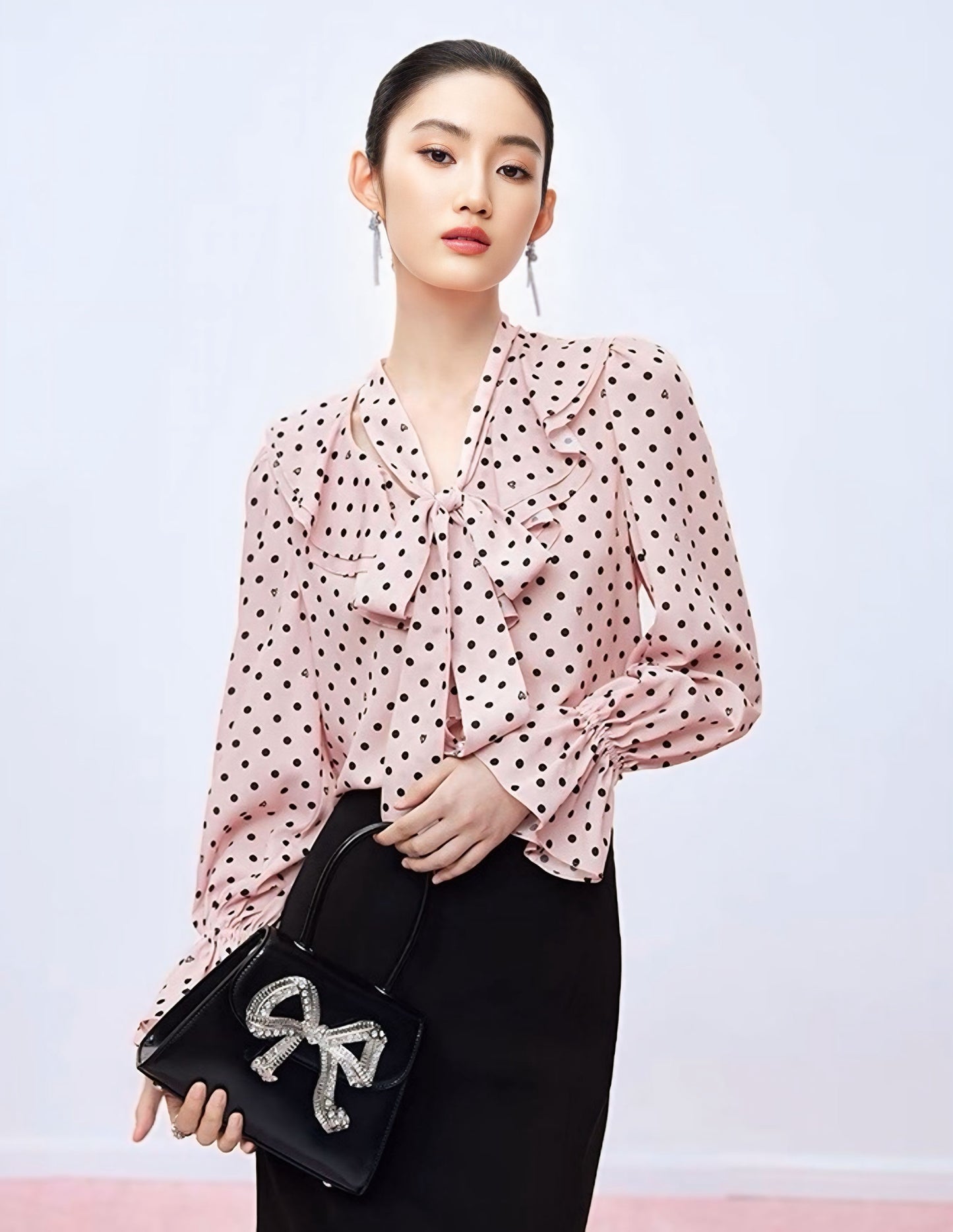 Polka Dot Blouse with Ruffle Bow Detail