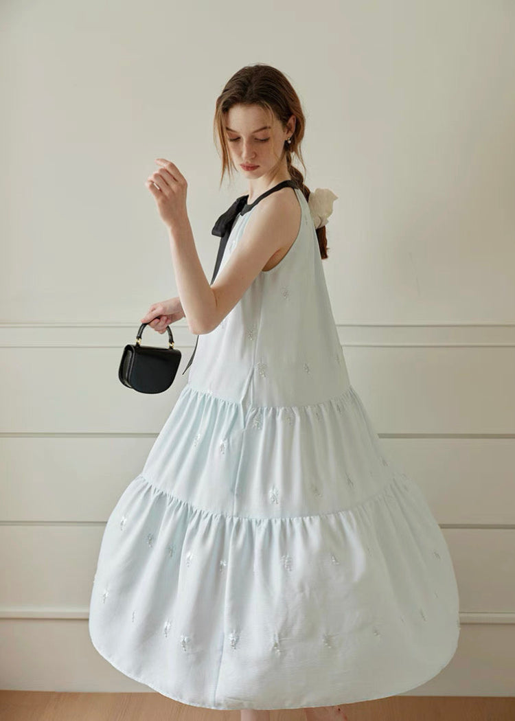 Ribbon Tie Embroidered Tiered Dress