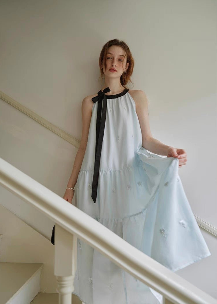 Ribbon Tie Embroidered Tiered Dress