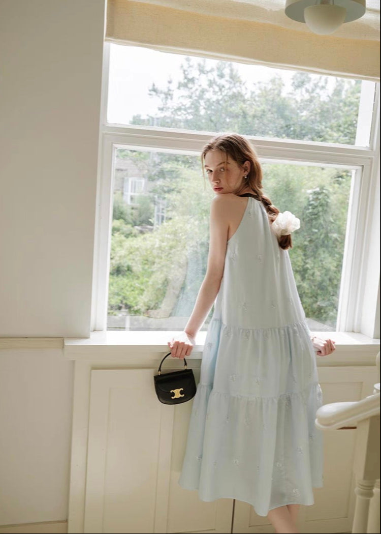 Ribbon Tie Embroidered Tiered Dress