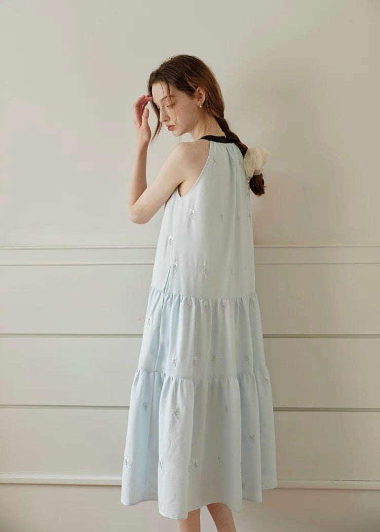 Ribbon Tie Embroidered Tiered Dress