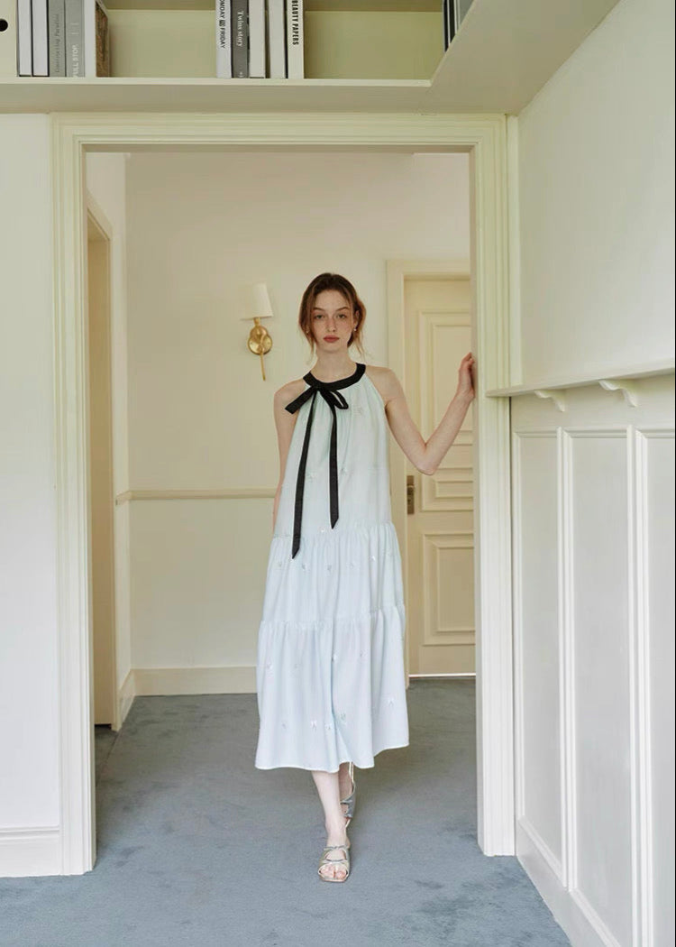 Ribbon Tie Embroidered Tiered Dress