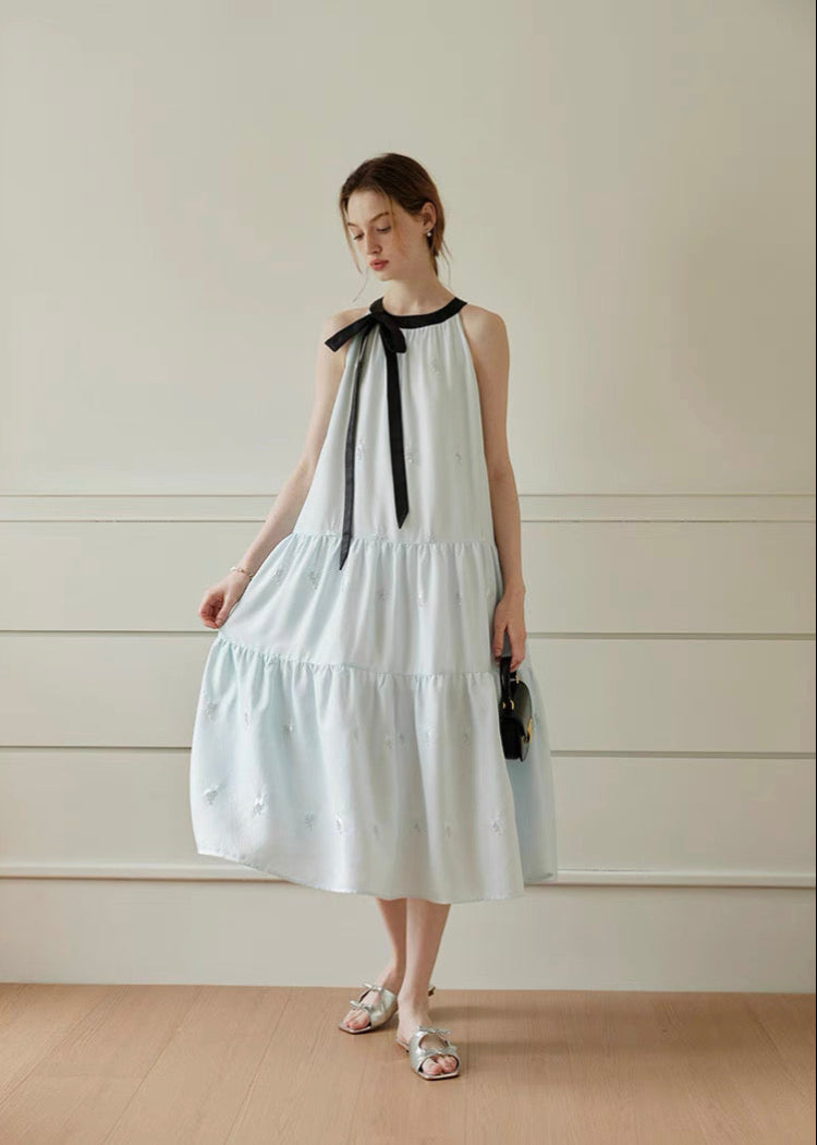 Ribbon Tie Embroidered Tiered Dress