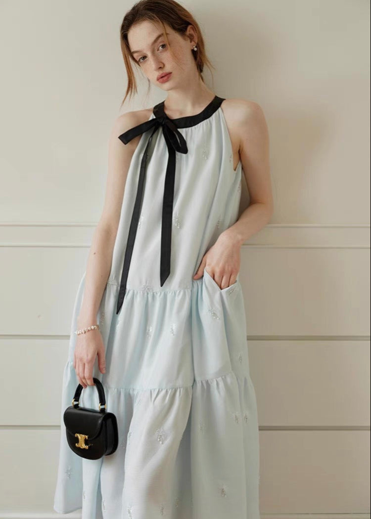 Ribbon Tie Embroidered Tiered Dress