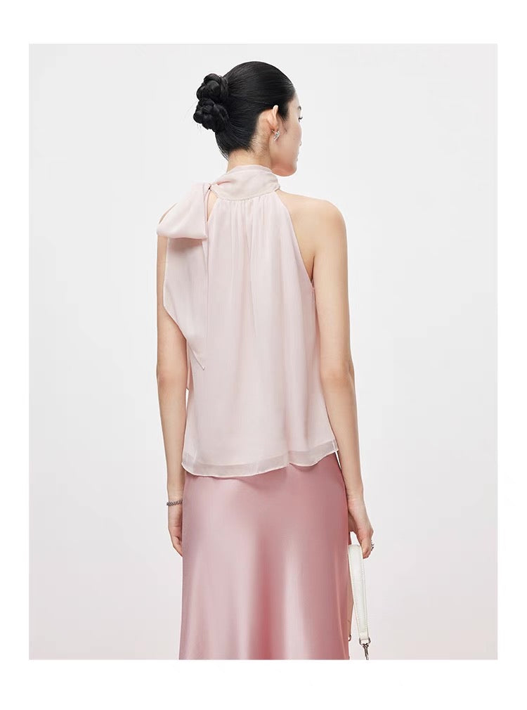 Sheer Bow-Tie Halter Blouse