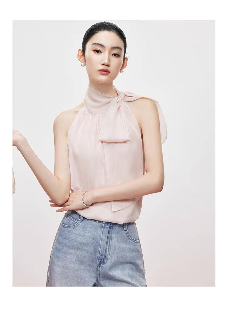 Sheer Bow-Tie Halter Blouse