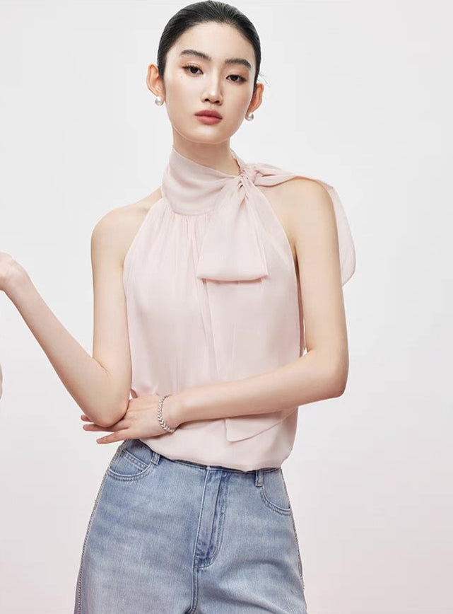 Sheer Bow-Tie Halter Blouse