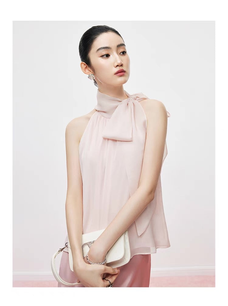 Sheer Bow-Tie Halter Blouse