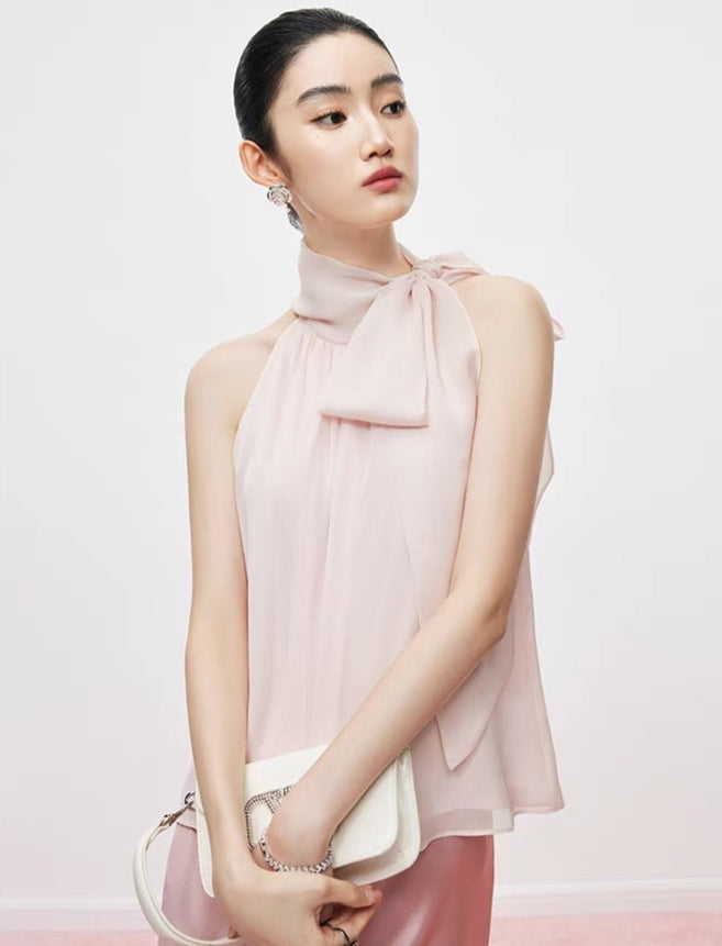 Sheer Bow-Tie Halter Blouse