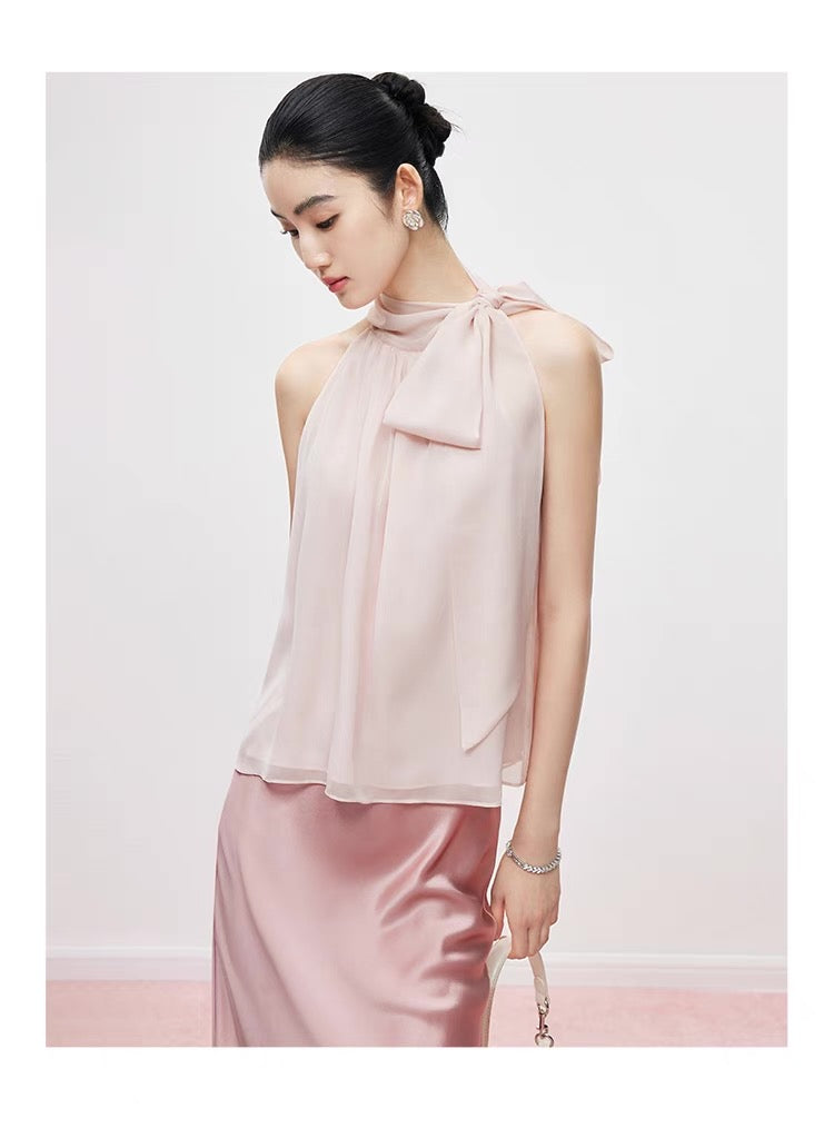 Sheer Bow-Tie Halter Blouse
