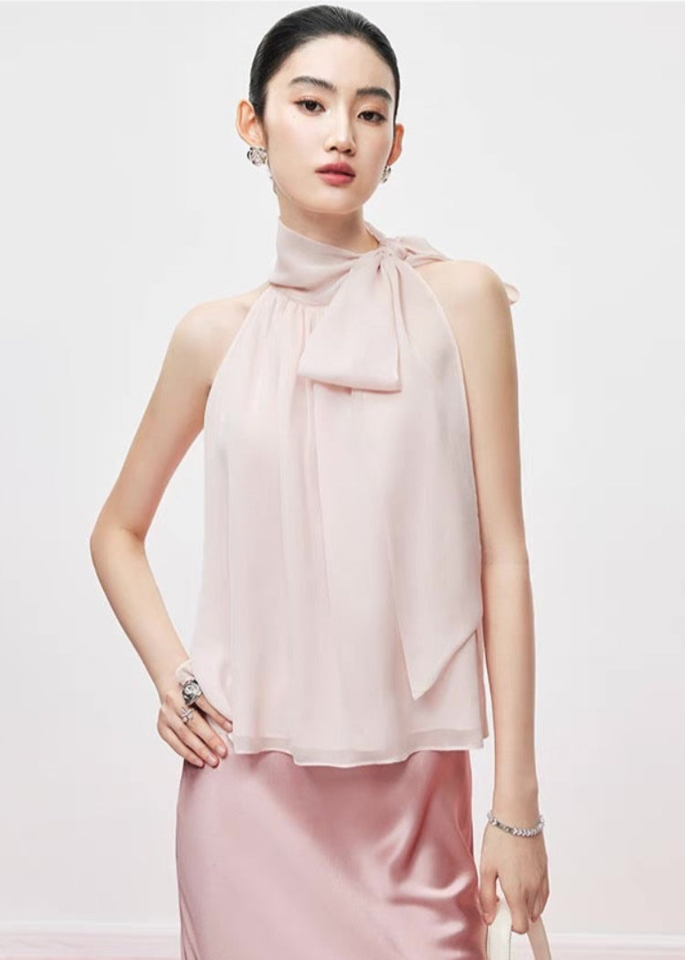 Sheer Bow-Tie Halter Blouse