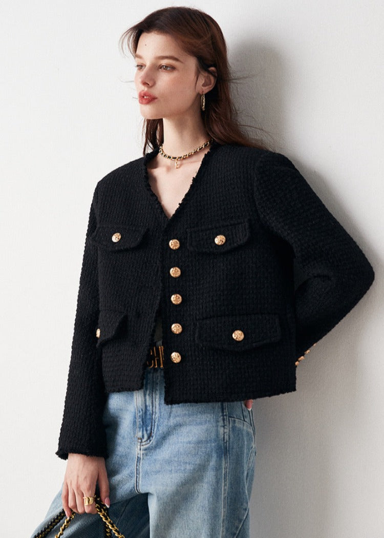 V Neck Gold Button Tweed Jacket