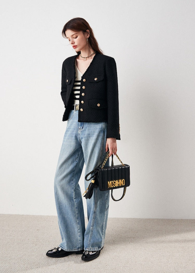 V Neck Gold Button Tweed Jacket
