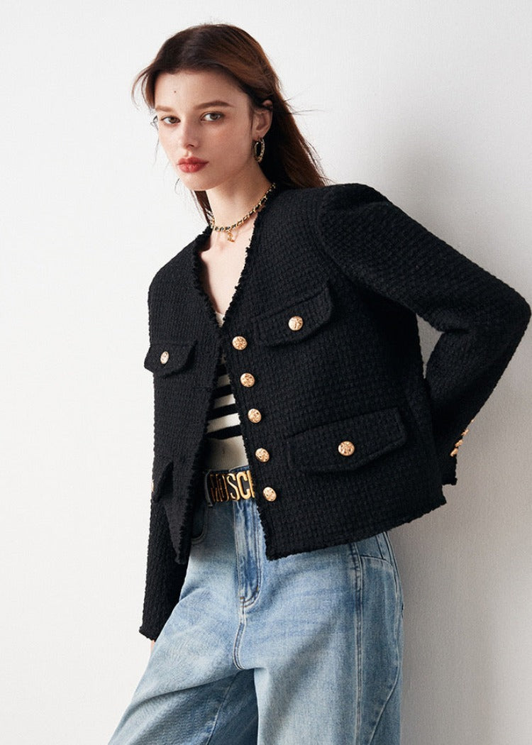 V Neck Gold Button Tweed Jacket