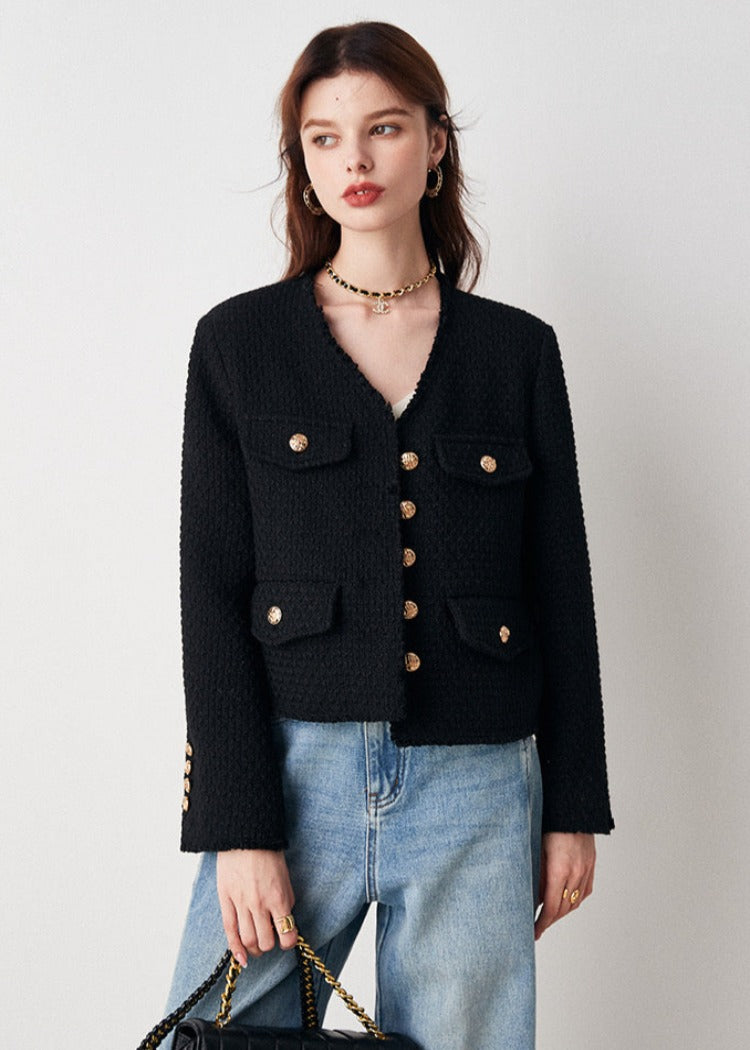 V Neck Gold Button Tweed Jacket