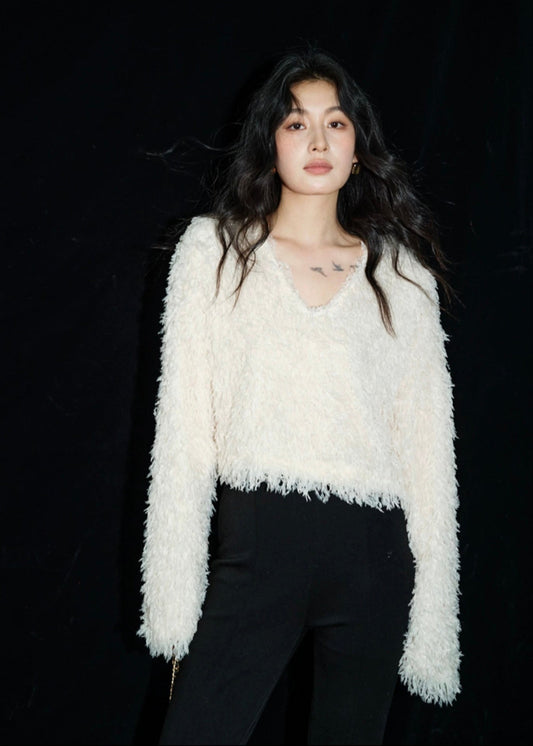 Fuzzy V-Neck Top