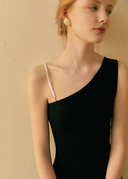 One Shoulder Pearl Black Dress