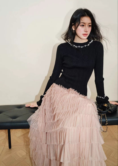 Pearl Trim Ribbed Knit Top