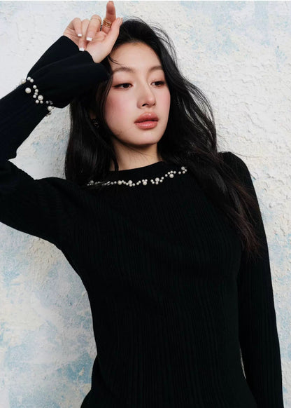Pearl Trim Ribbed Knit Top