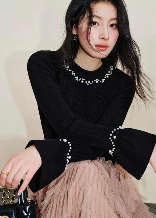 Pearl Trim Ribbed Knit Top
