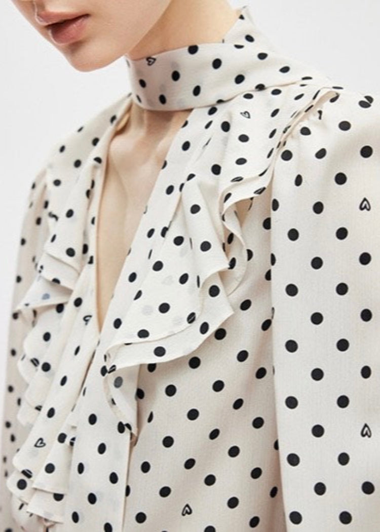 Polka Dot Blouse with Ruffle Bow Detail