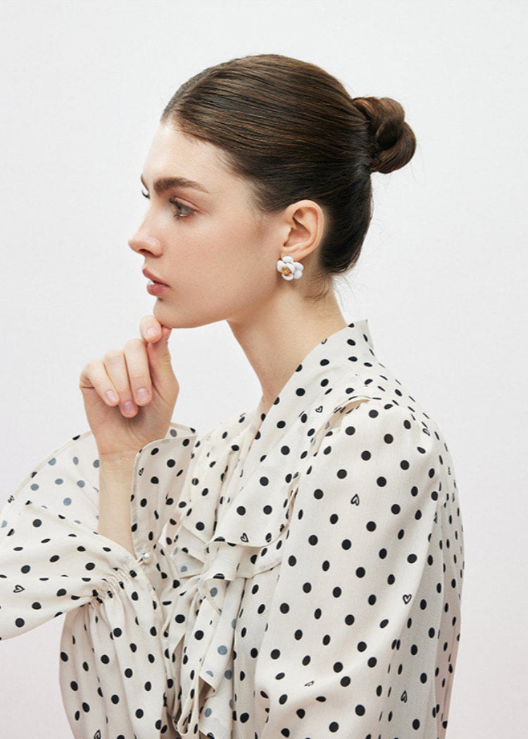 Polka Dot Blouse with Ruffle Bow Detail