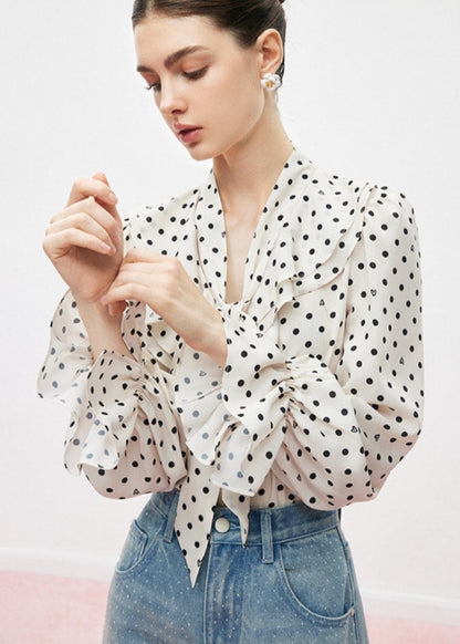 Polka Dot Blouse with Ruffle Bow Detail