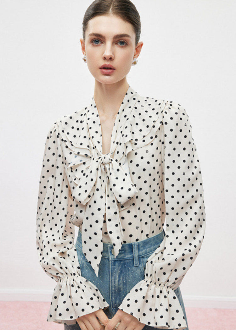 Polka Dot Blouse with Ruffle Bow Detail