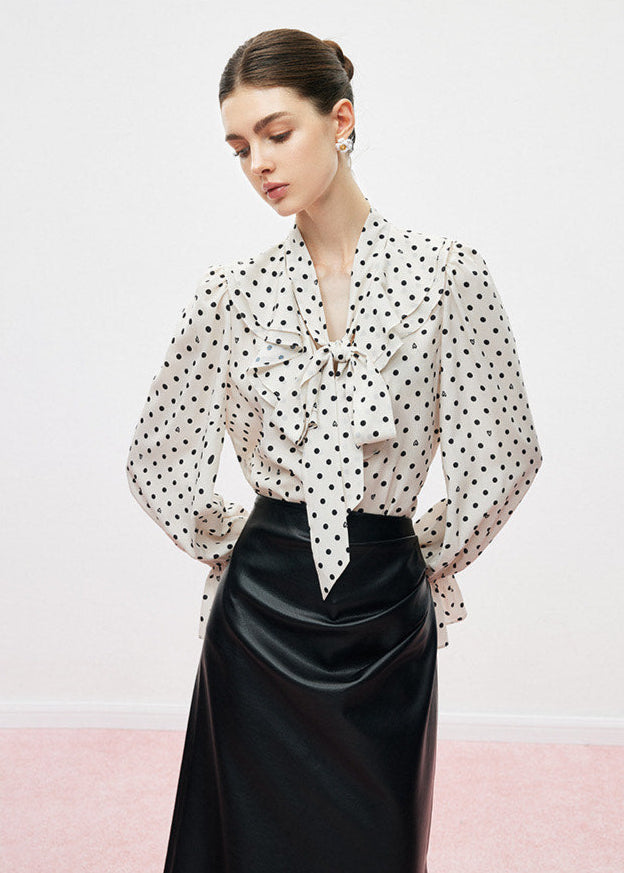 Polka Dot Blouse with Ruffle Bow Detail