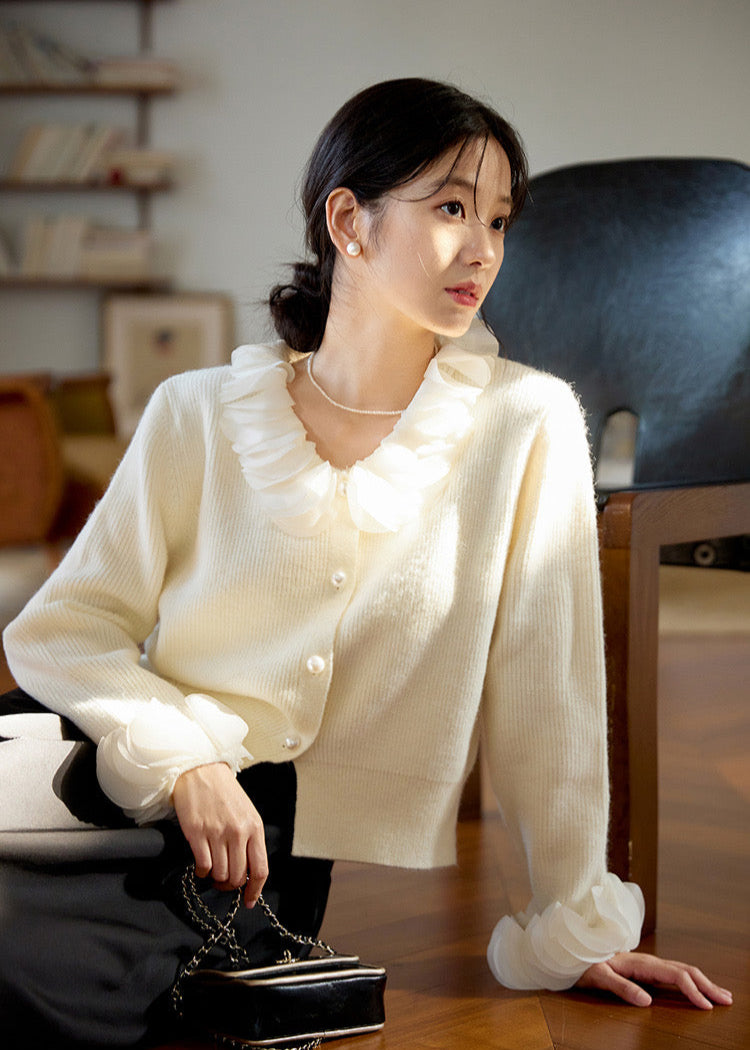 Ruffled Collar Pearl Button Cardigan