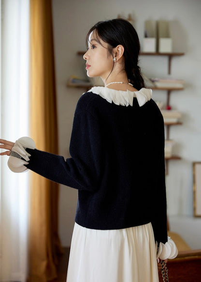 Ruffled Collar Pearl Button Cardigan