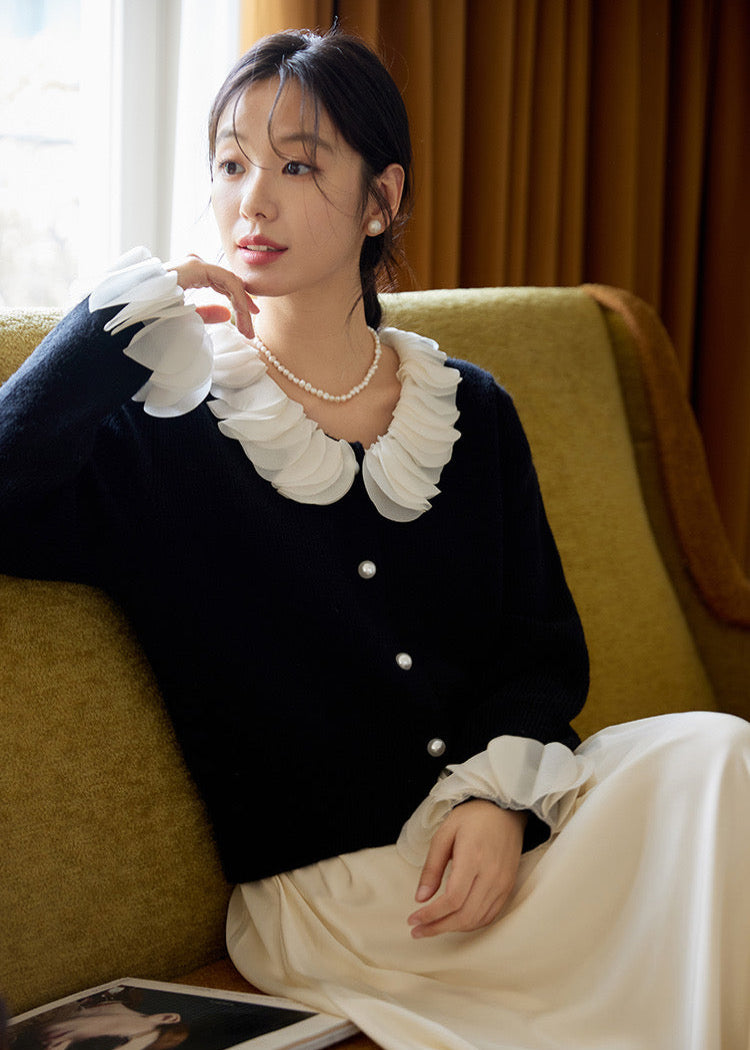 Ruffled Collar Pearl Button Cardigan