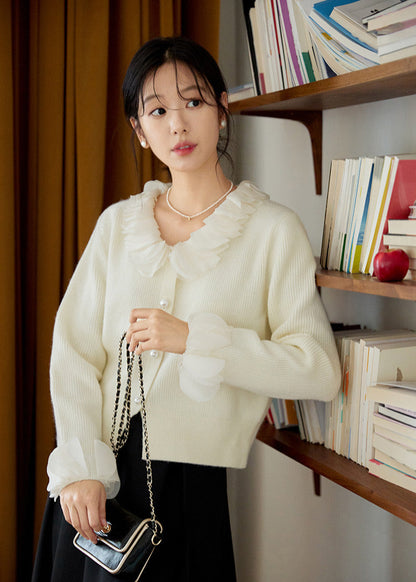 Ruffled Collar Pearl Button Cardigan