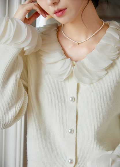 Ruffled Collar Pearl Button Cardigan