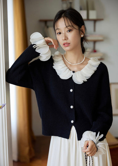 Ruffled Collar Pearl Button Cardigan