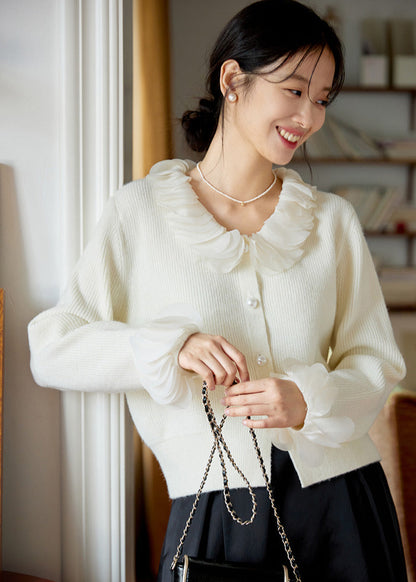 Ruffled Collar Pearl Button Cardigan