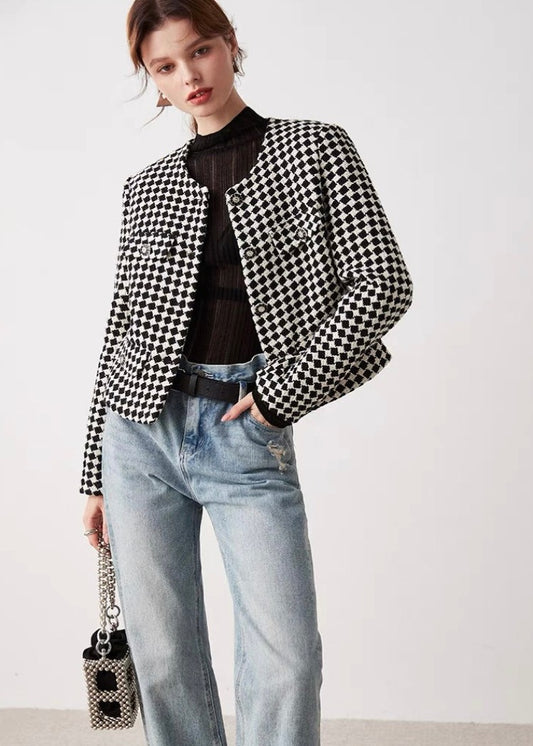 No Collar Houndstooth Jacket