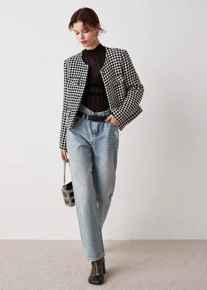 No Collar Houndstooth Jacket