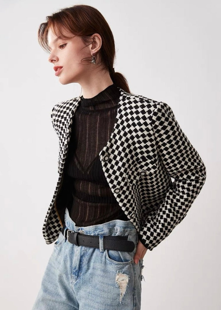 No Collar Houndstooth Jacket