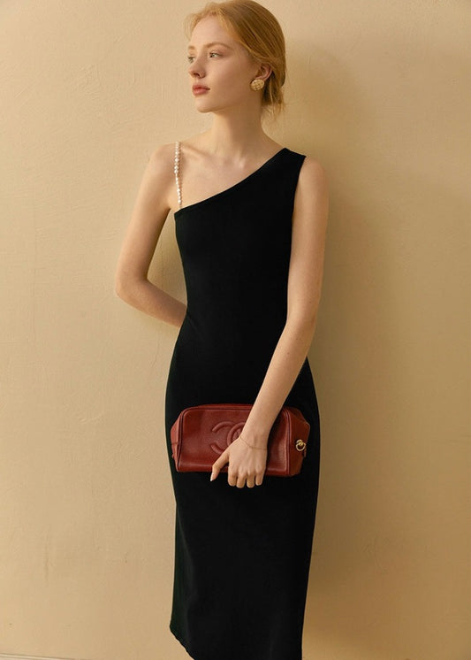 One Shoulder Pearl Black Dress