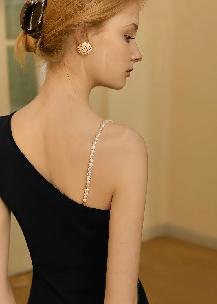 One Shoulder Pearl Black Dress