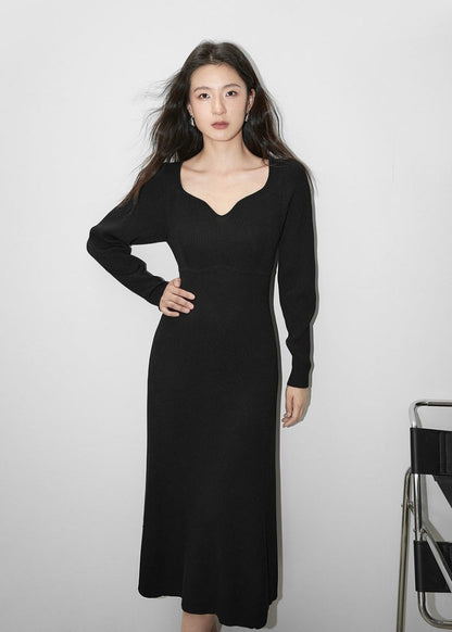 V-Neck Knitted Black Dress