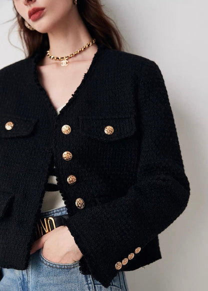 V Neck Gold Botton Tweed Jacket